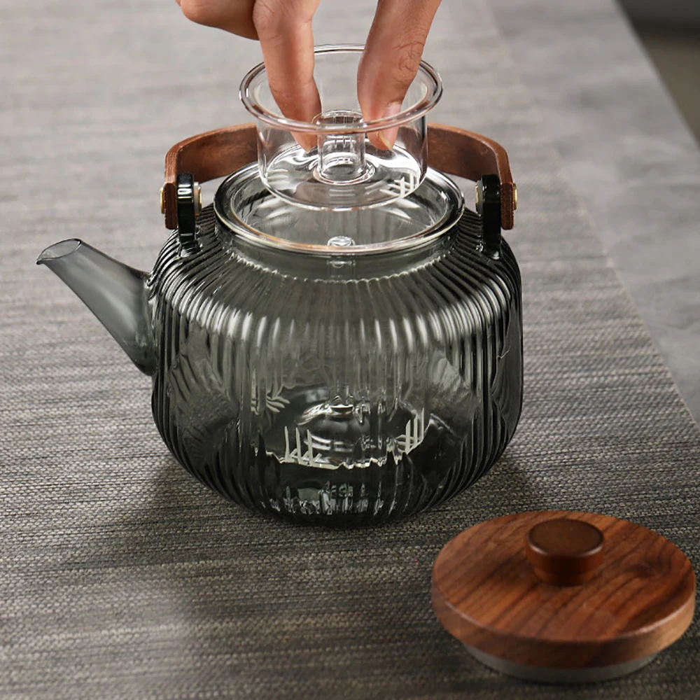 Glass Teapot with Infuser Strainer 500ml 17oz Heat Resistant Stripe Embossed Kungfu Puer Tea Kettle Teawear with Lifting Handle