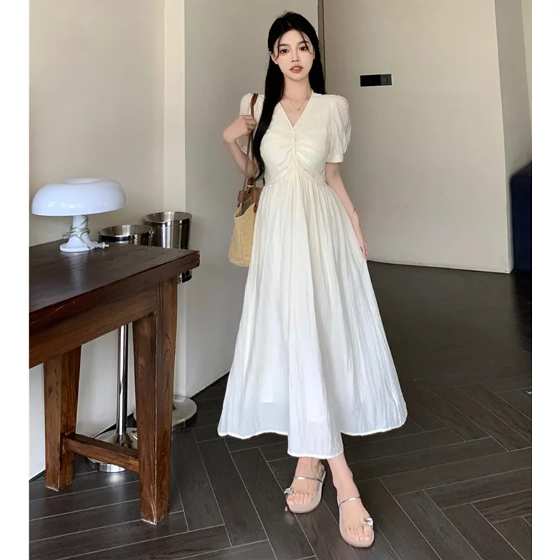 V 넥 셔링 퍼프 슬리브 드레스 여성 여름 부드러운 스타일 허리 장착 슬리밍 오버 무릎 롱 드레스 