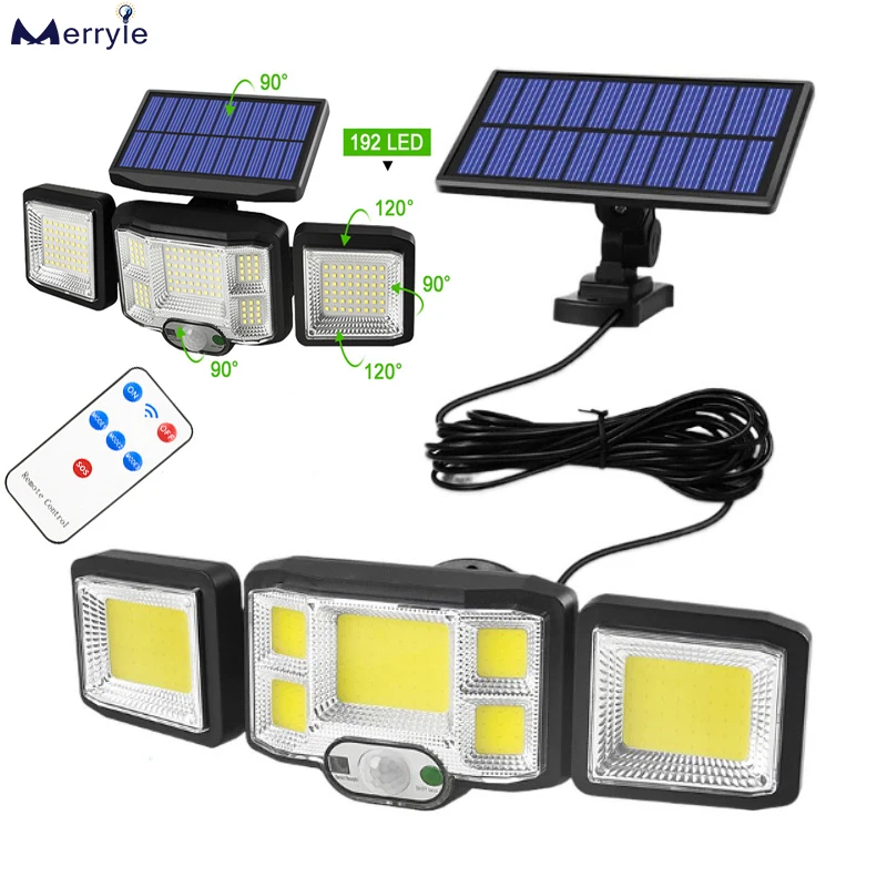 3 Heads Solar Lamp With Remote Control PIR Motion Sensor Wall Light Solar Power AUTO ON OFF