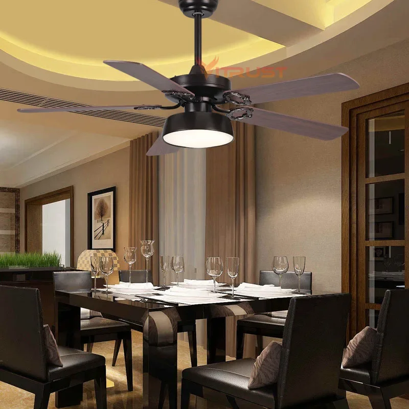 LED Ceiling Fan Light Wood Strong Wind 42in 52inch Remote Control 5 Blade Black White Ceiling Fan Lamp Dining Room Living