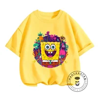 Hip-Hop Style SpongeBob Print T-shirt for Children Cute Cartoon Design Perfect for Boys and Girls to Enjoy Summer in Style 1