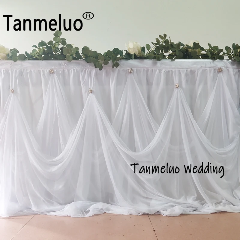 White Tulle Table Skirt Rectangle with Buckle Tablecloth for Wedding Bridal Shower Baby Birthday Party Banquet Table Decorations