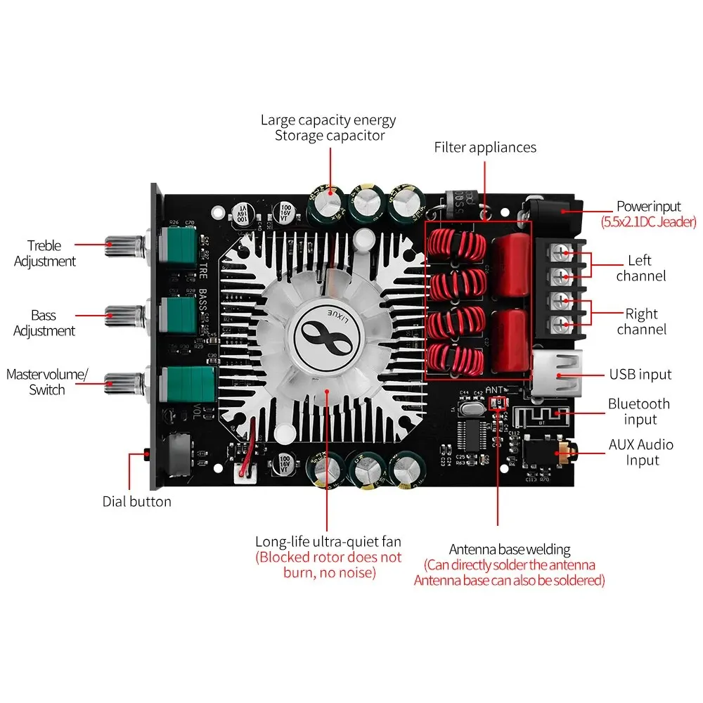 ZK-1602T TDA7498E Bluetooth 5.0 Subwoofer Amplifier Board 2*100W 2.0 Channel High Power USB Audio Stereo Amplifier Board AMP audio amplifier board