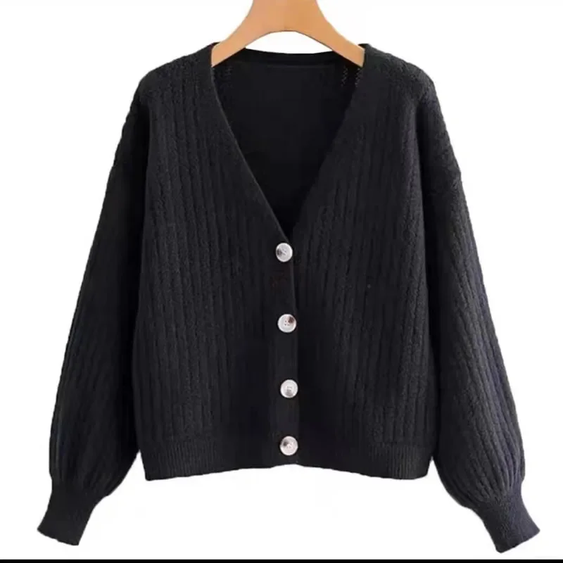 Fashion Retro V-neck Women's Long-sleeved Cardigan Sweater Autumn and Winter New Casual Knitwear Single-breasted Blouse