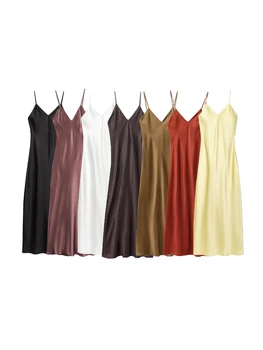 Women's Satin Midi Dress, V Neck, Thin Straps, Backless, Female Dresses, Sexy Fashion 1