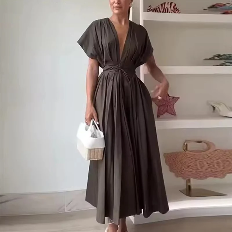 Vintage Casual Chic Pleated Lace Up Dress Women Fashion Short Sleeve Slim  Long Dresses Female Summer Holiday Party Dress