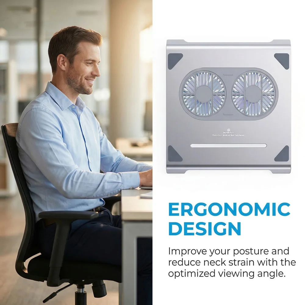 책상용 노트북 스탠드, 알루미늄 노트북 받침대, 12-17인치 노트북용 조용한 팬이 있는 인체공학적 컴퓨터 스탠드 노트북 쿨러