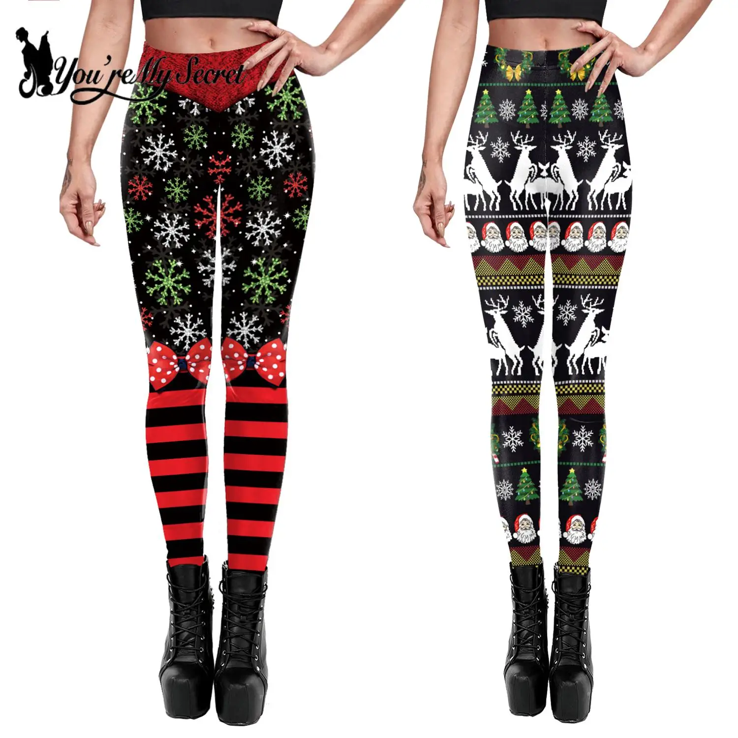 

[You're My Secret] Fashion Womens Leggings Christmas Party Elk Snow Print Long Pants High waist Stretchy Ladies Xmas Trousers
