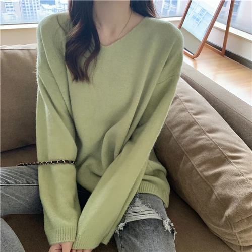 V-neck Pullovers Women Solid Candy Colors Sweet Harajuku High Street Loose-fit Long Sleeve Sweaters Ulzzang Knitted Pullover Ins striped sweater Sweaters