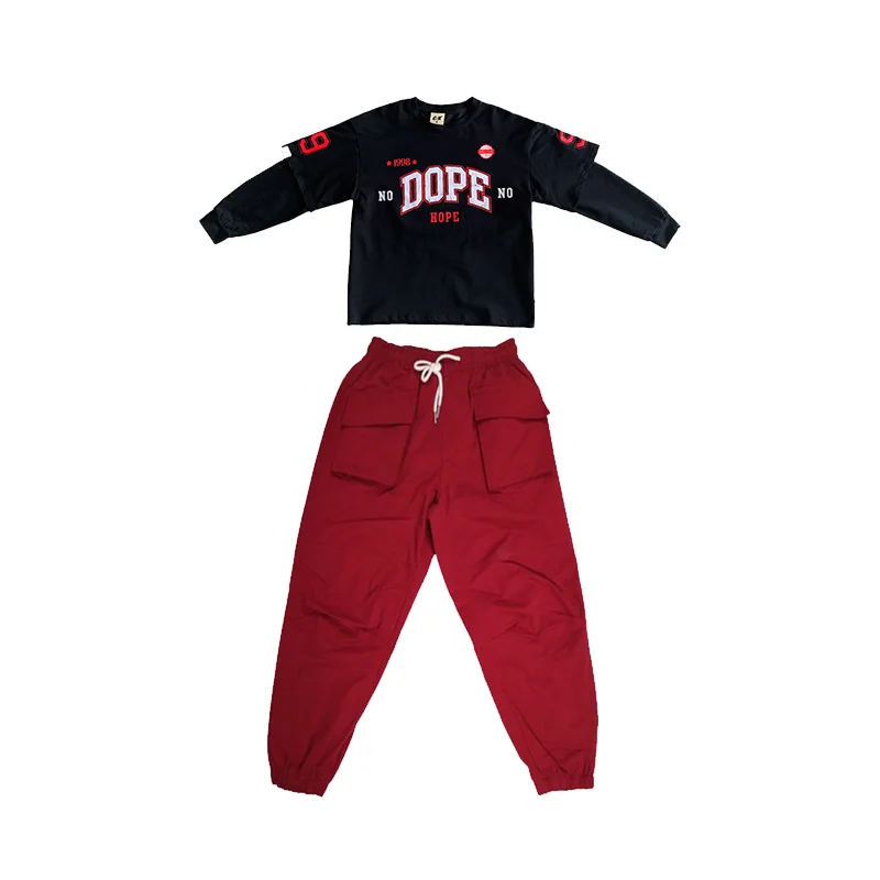 Jazz Dance Rave Clothes Boys Black Fake Two Piece Sweater Loose Pants Streetwear Girls Hip Hop Dance Streetwear DQS11031