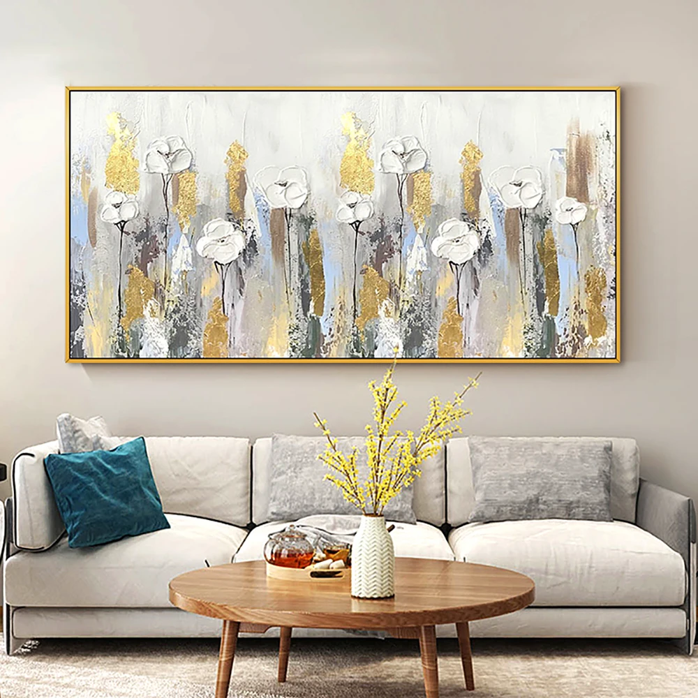 

Gold White Flower Handmade Abstract Thick Oil Painting Large Abstract Wall Art Oil Canvas Hand Painted Modern Paintings Unframed