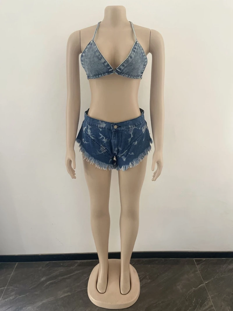 Jeans Denim Sexy Two Piece Short Set Women Summer 2 Piece Outfit Set Bra  Crop Top And Shorts Sets Party Club Outfits For Women - Short Sets -  AliExpress