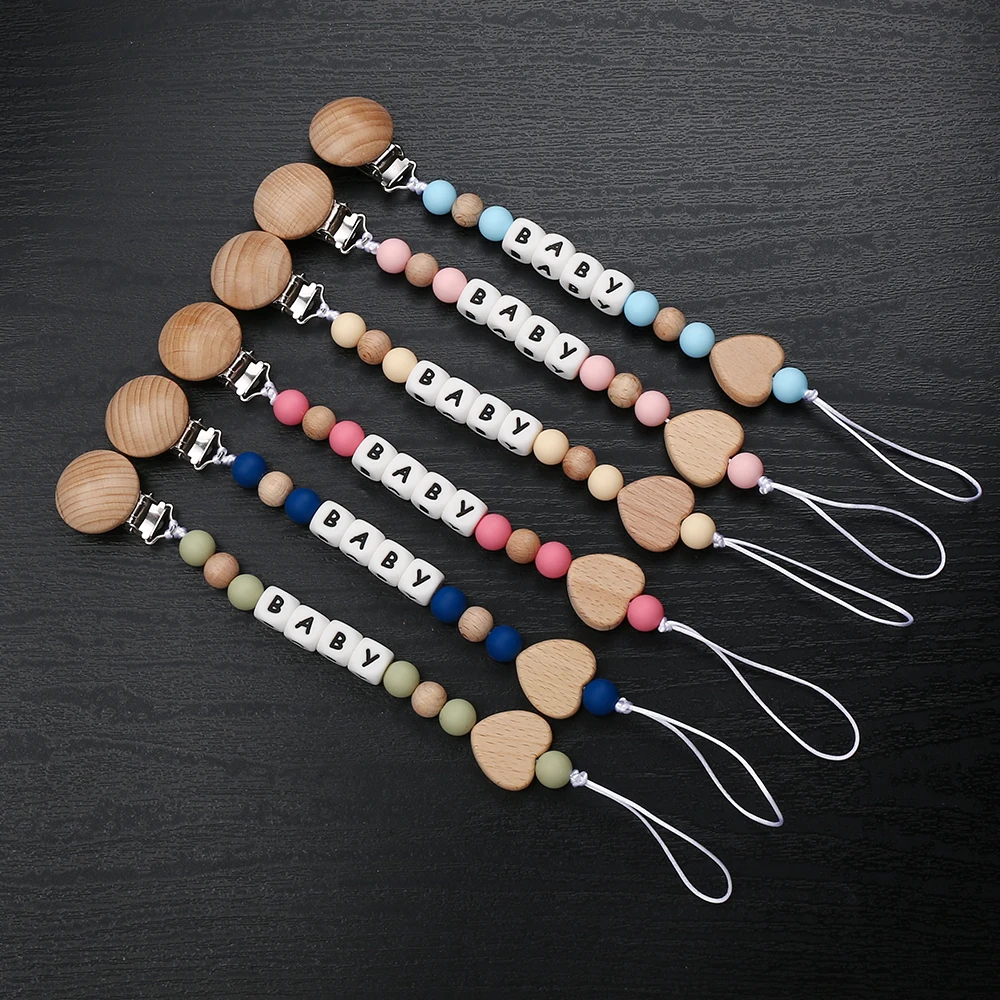 Personalized Name Baby Pacifier Clips Chains Heart Silicone Beads Teethers Dummy Nipple Holder Clip Newborn Chew Teething Toys