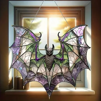 Bat Stained Glass Window Pendant Bat Suncatcher Halloween Decoration Bat Decor Hanging For Home Kitchen Light Garland Plug in 5
