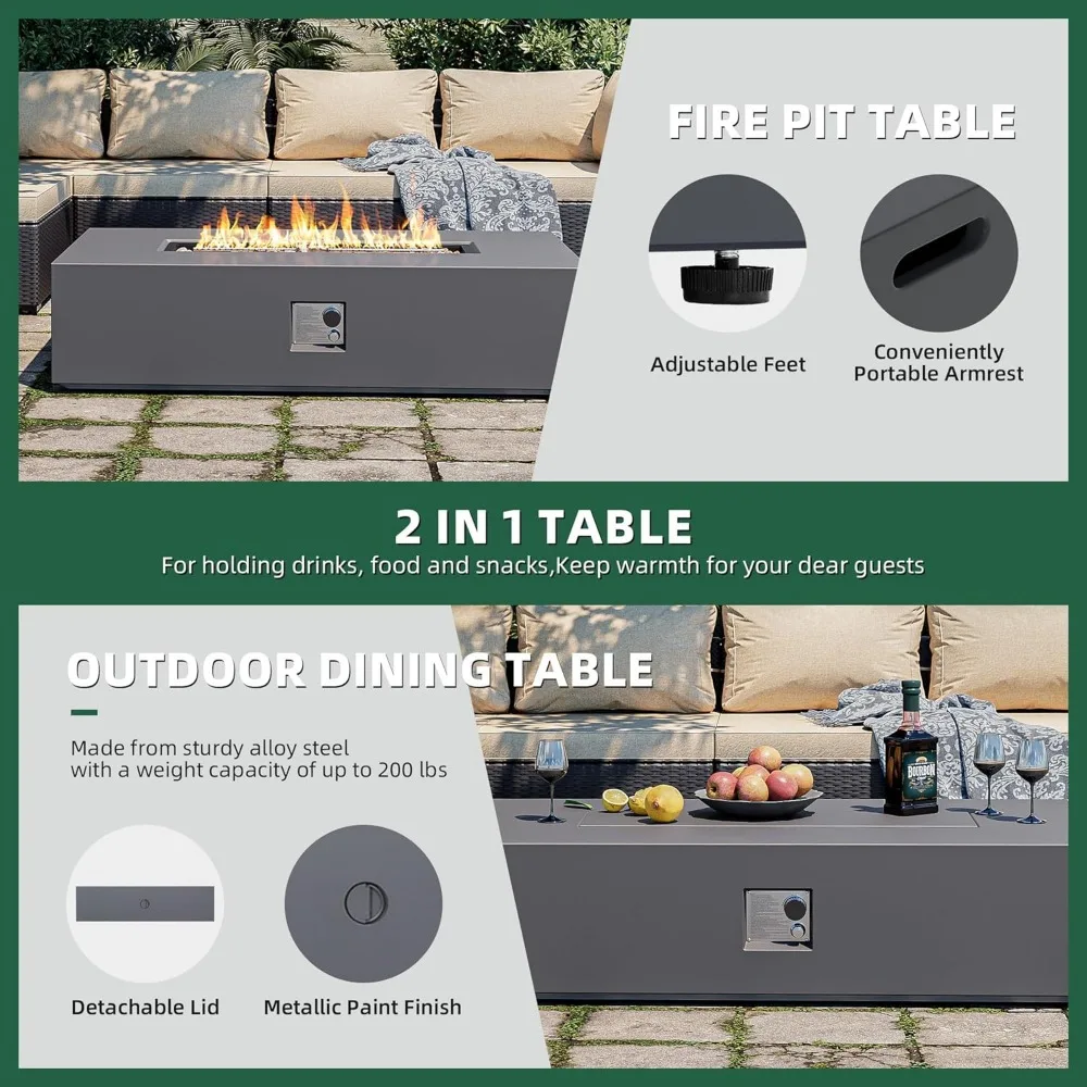 56-inch Outdoor Propane Gas Fire Pit Table 50000 BTU Iron Rectangle Fires Pits with Removable Lid Outdoor Fire Pit