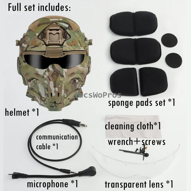 Tactical PJ casco de Airsoft rápido y máscara de cara completa extraíble  para caza tiro CS Game Wargame Militar (casco negro)