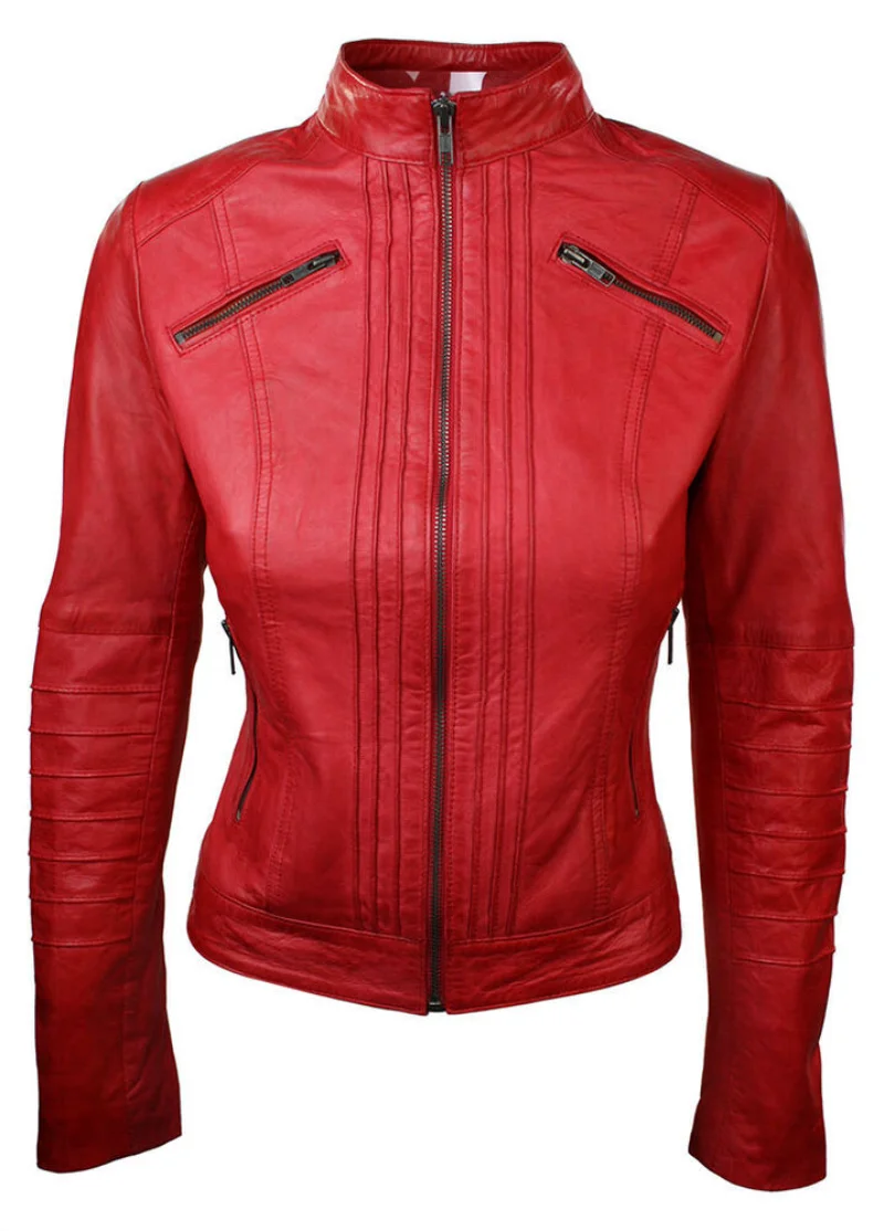 Women Genuine Lambskin Leather Jacket Slim Fit Biker Motorcycle Coat