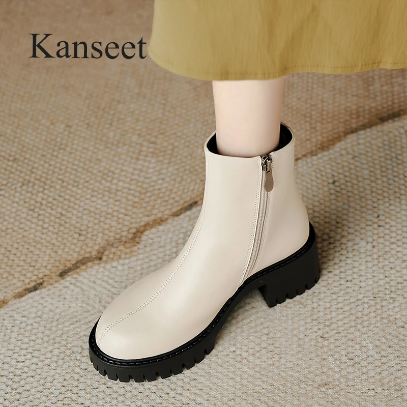 

Kanseet Platform Ankle Boots For Women Round Toe Concise Zipper Genuine Leather Shoes New Thick Heels Short Boots Autumn Winter