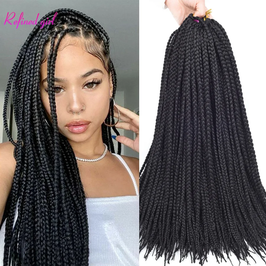 

Box Braids Crochet Hair 24 Inch long Synthetic braiding Hair Extensions Pre-Looped Heat Resistant Braids Black Brown Blue Grey