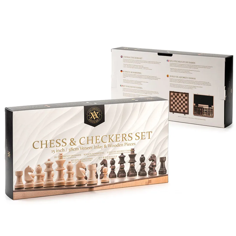 2 in 1 Wooden Chess and Checkers Set Luxury Chess Game Exquisit Chessmen Foldable Wooden Chessboard Family Board Game