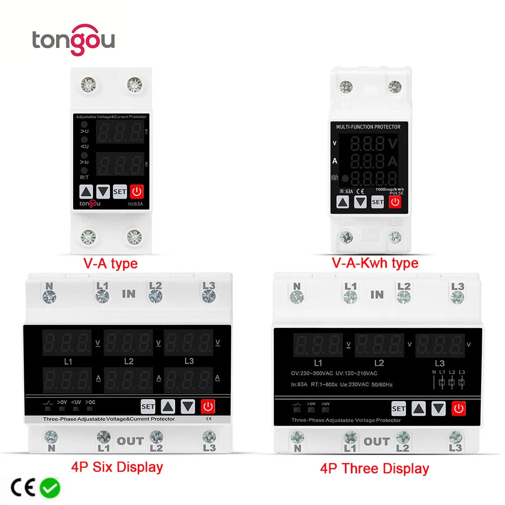 TONGOU rail mounted 1P+N 2P 4P display adjustable overvoltage current and undervoltage protection device relay 1-63A 230V