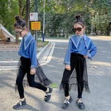 Ensemble deux pièces en Denim pour enfants, vêtements pour filles, mode, chemise en Denim, collant en maille, Streetwear pour adolescents 10 12 ans, printemps 2022