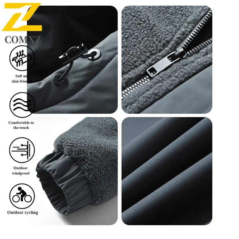 Autumn Winter Men's Hooded Jacket Zip-Up Style  Multiple pockets Loose Fit Thermal Waterproof Windproof Coat for Hiking Camping