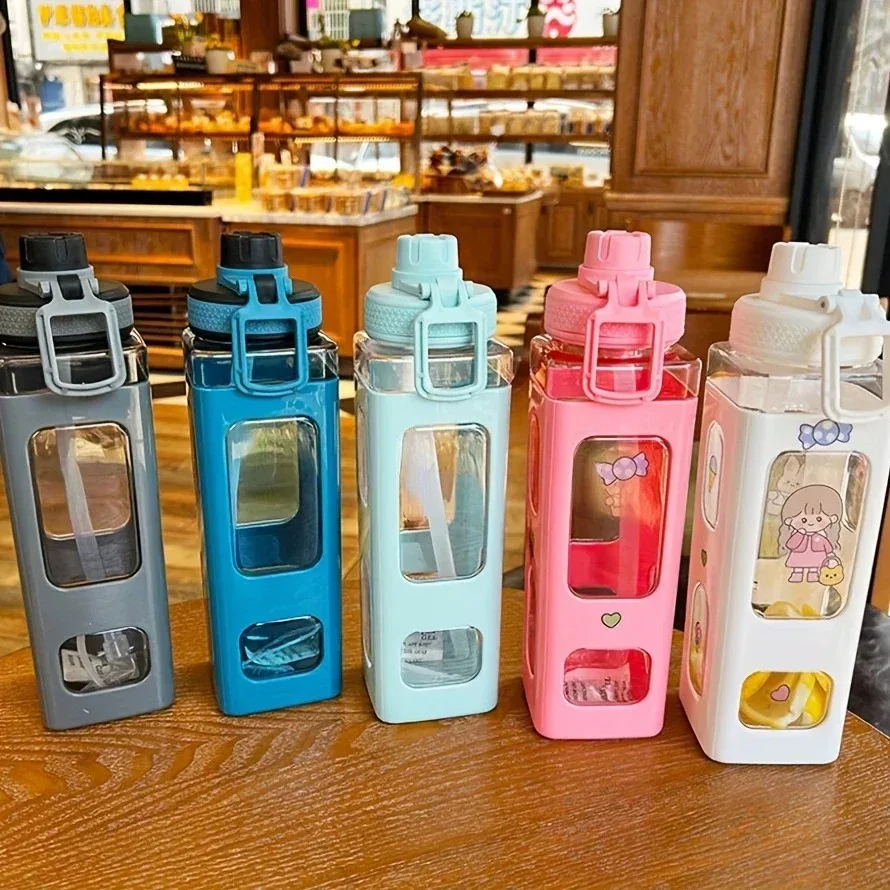thumbnail image 2 of FEUSEUZ Kawa Water Bottle 24 Oz Square Transparent Water Bottle Cute 2 of 12