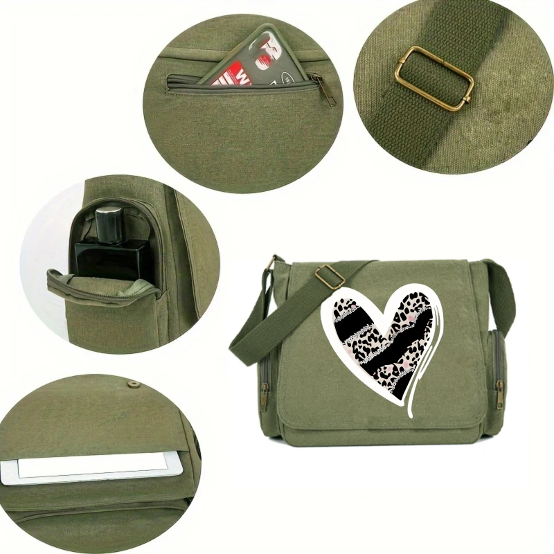 Fashion Women's Shoulder Bag Crossbody Bag Leopard Print Heart Large Capacity Canvas Messenger Bag