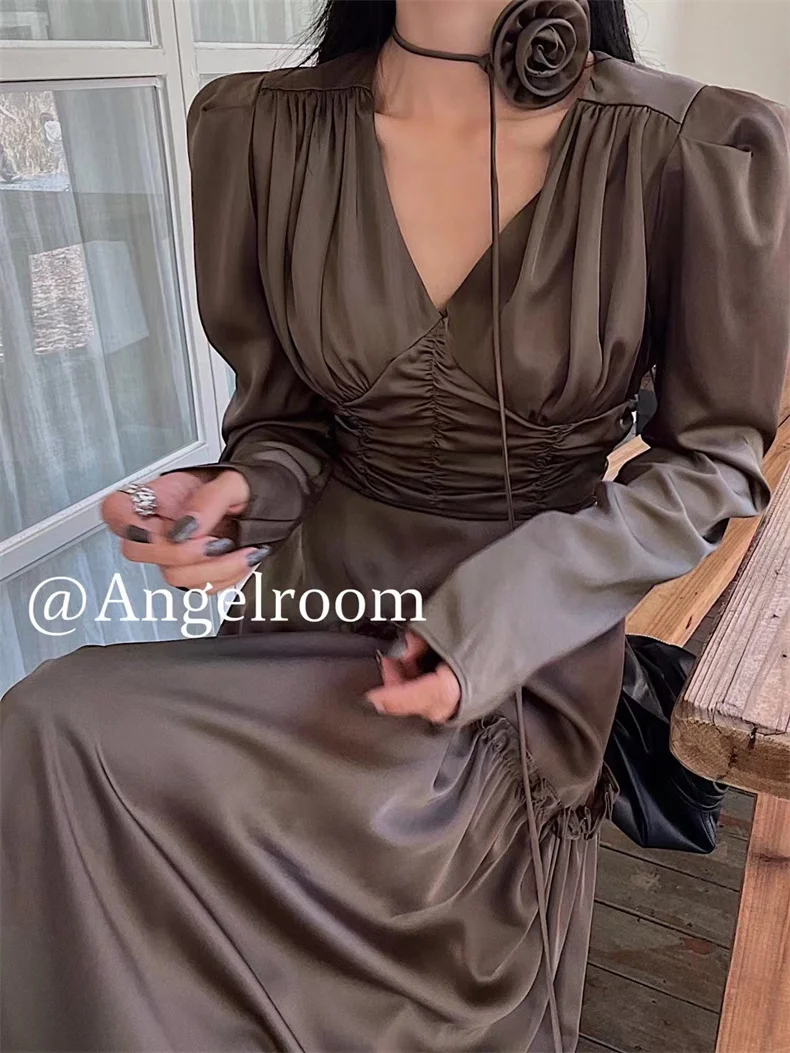 Autumn Satin Midi Dresses for Women Long Sleeve V-neck Folds Design A-line Korean Fashion Office Lady One Piece Vestidos New