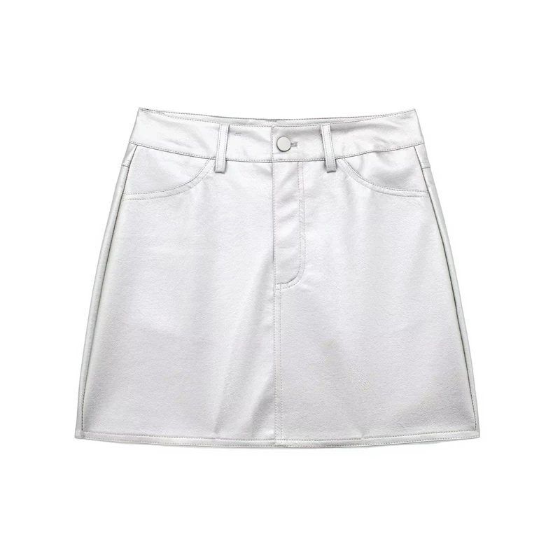 

2023 Summer New Silver Bright Leather High Waist Skirt Fashion Party Club Sexy Hip Skirt Slim Fit Versatile Female Miniskirt