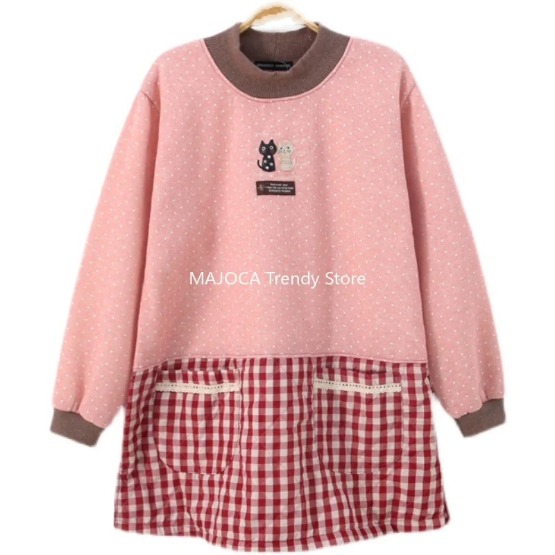 Aprons for Women Japan Style Autumn Winter New Wave Dot Thicken Double Layer Fleece Long-sleeve Apron Pocket Antifouling Smock