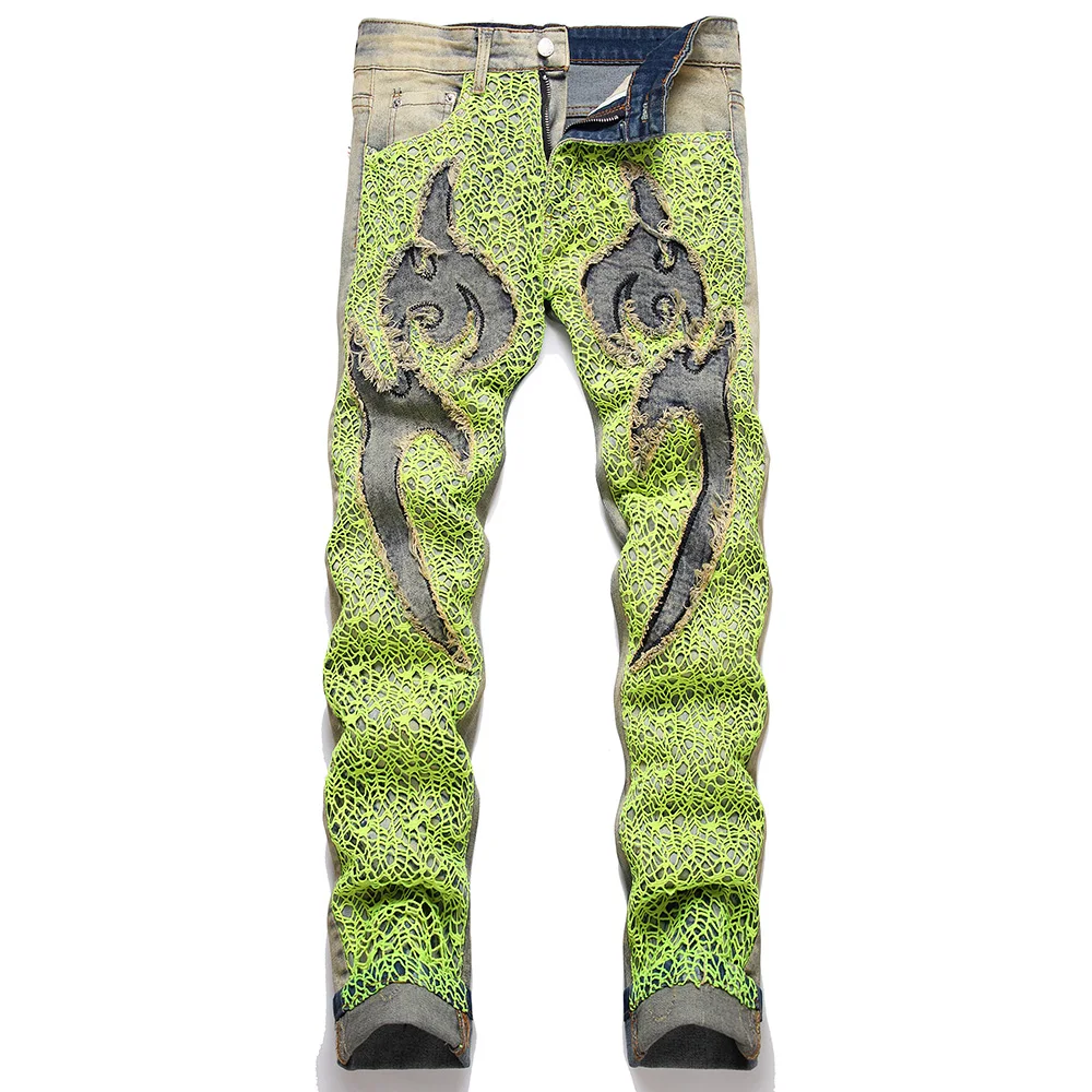 

Men Y2K Denim Jeans Neon Green Spider Web Embroidery Patches Pants Streetwear Vintage Blue Non Stretch Straight Trousers