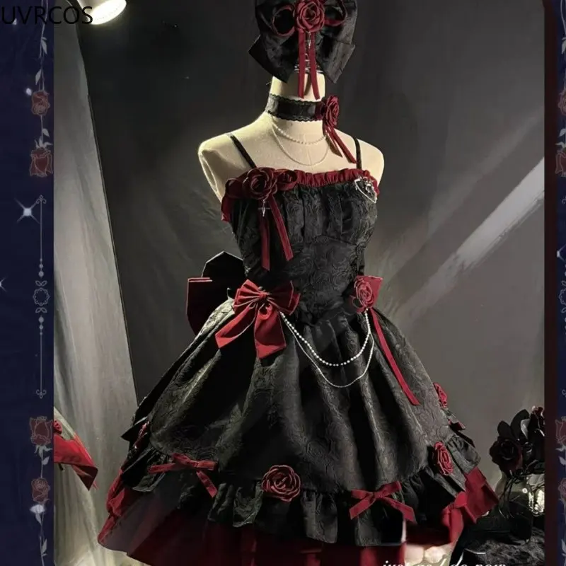 Lolita Suspender Dress Lolita Dress Lolita Cosplay Costumes Victorian Dark Gothic Lolita Jsk Dress Women Vintage Elegant Rose Flower Bow Princess Strap Dresses Girls Sweet Tea Party Dress