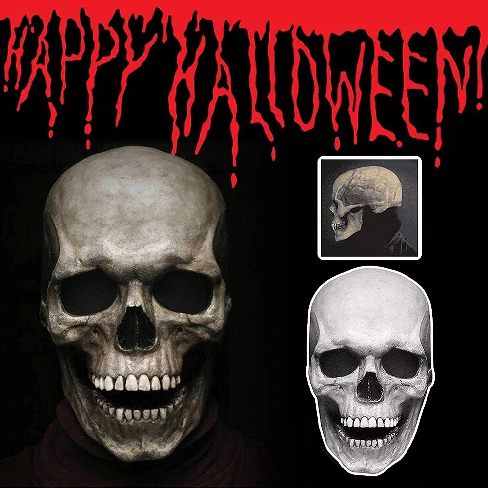 Full Head Skull Mask Carnival Adults Halloween Moveable Mouth Jaw Anime Horror Helmet Skeleton Headgear
