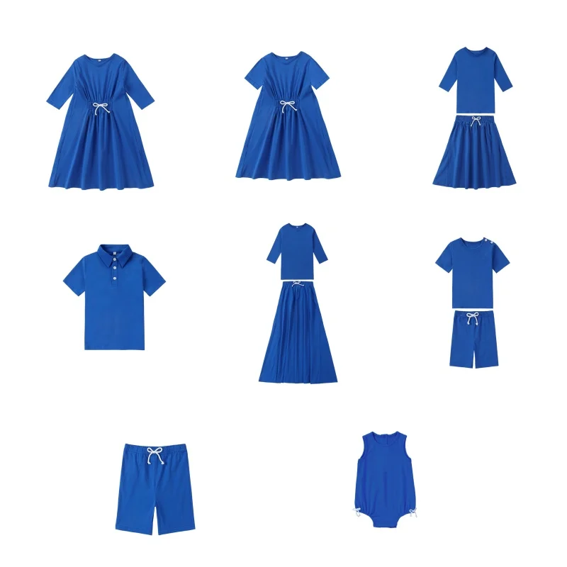 Ap 2025 Spring Summer Cotton navy blue Solid Casual Clothing Boys Girls Fashion Family Matching Clothes Dress Set 6