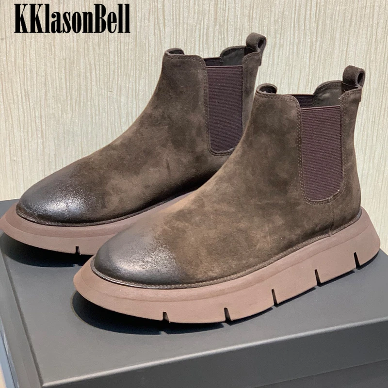 

12.11 KKlasonBell Vintage Genuine Leather Chelsea Boots Women Elastic Band Height Increasing Ankle Boots