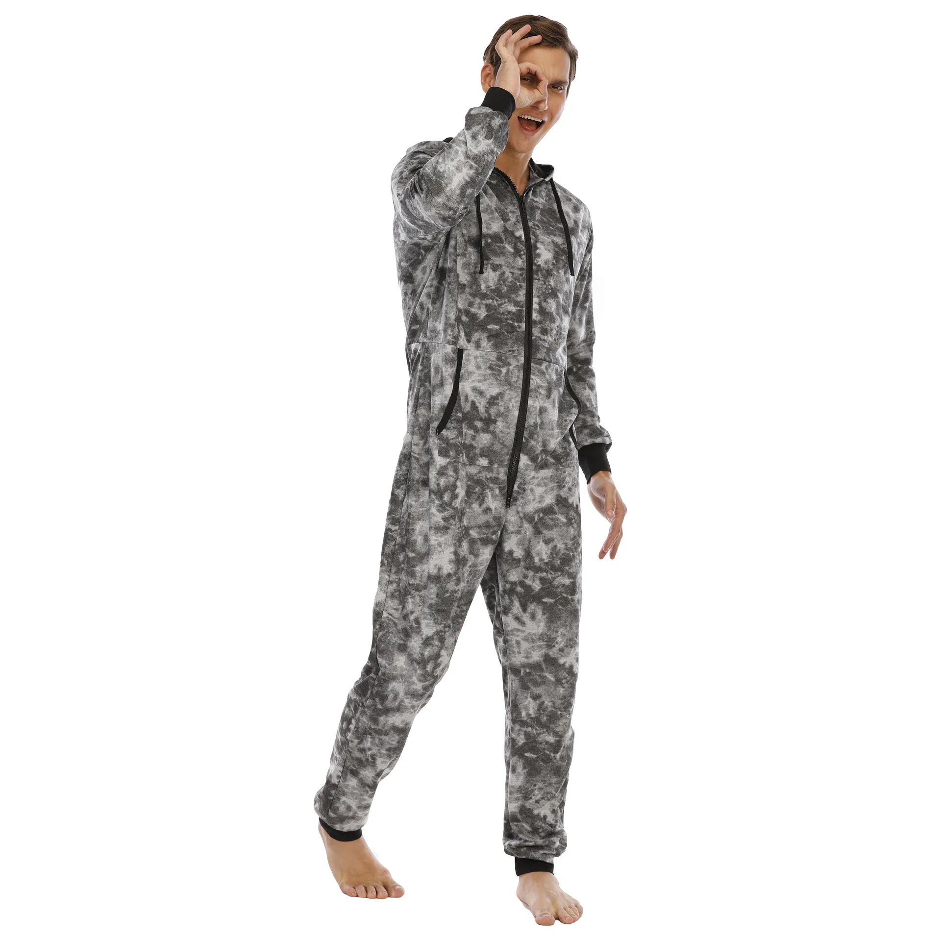 Herbst Winter Warme Grau männer Pyjama Set Hoodies Overalls Männer Tie Dye Drucken Onesies Zipper Overall Langarm Männlichen kleidung – Detail 8