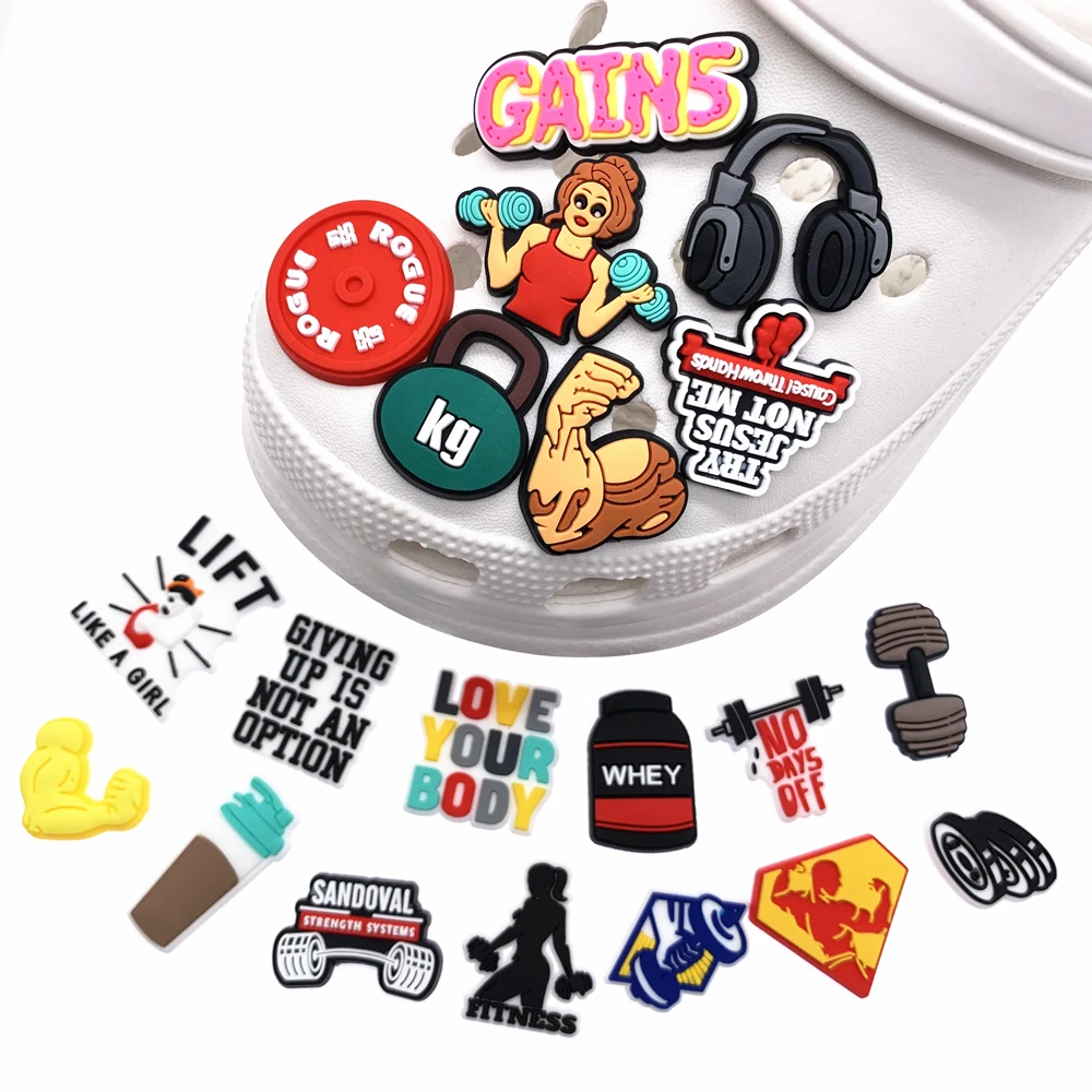 1PCS Cartoon Fitness Series Shoe Charms Dumbbell Lovely Shoe Accessories DIY GYM Fashion Garden Slipper Decor Party Gifts shoe charms,shoe decorations,garden shoe accessories