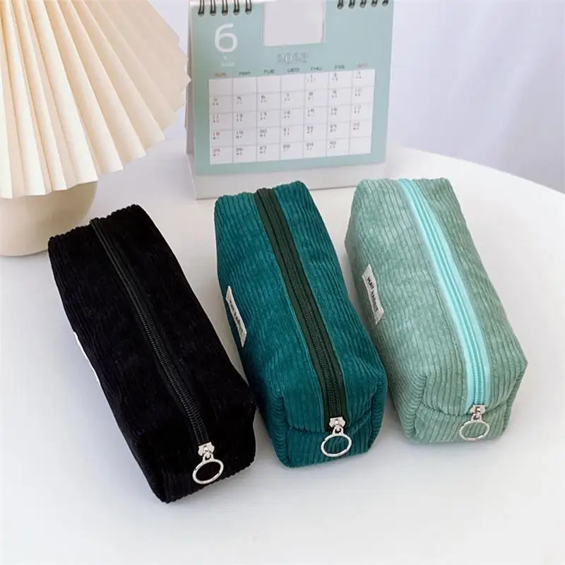Corduroy Pencil Case Large Capacity Pencil Cases Stationery Solid Color Kawaii School Supplies Zipper Pouch