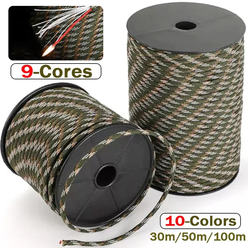 Axle Rope 30/50/100M Standard 9-Core Paracord Rope 4mm Outdoor Parachute Cord Survival Umbrella Tent Lanyard Strap Clothesline nylon cord nylon rope