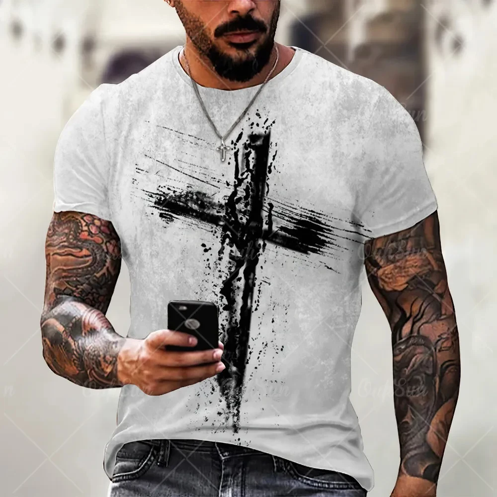 

2023 Men's 3D Printing Jesus Christ Cross T-shirt Summer Retro Casual Short Sleeve Round Neck Top T-shirt Clothing