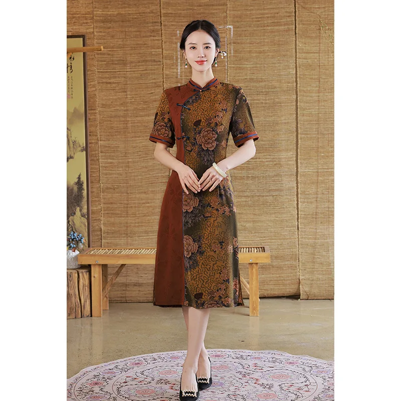 

Traditional Mandarin Collar Short Sleeve Flower Printed Splicing Satin A-Line Cheongsam Women Chinese Style Wedding Qipao Dress