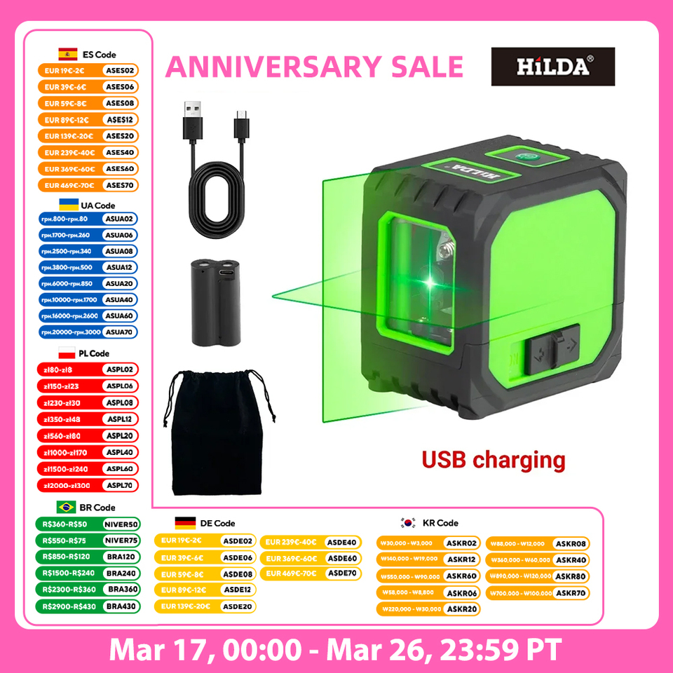 HILDA 2 Lines Mini Laser Level Self Levelling Green Beams Laser Horizontal & Vertical Cross-Line USB Charging