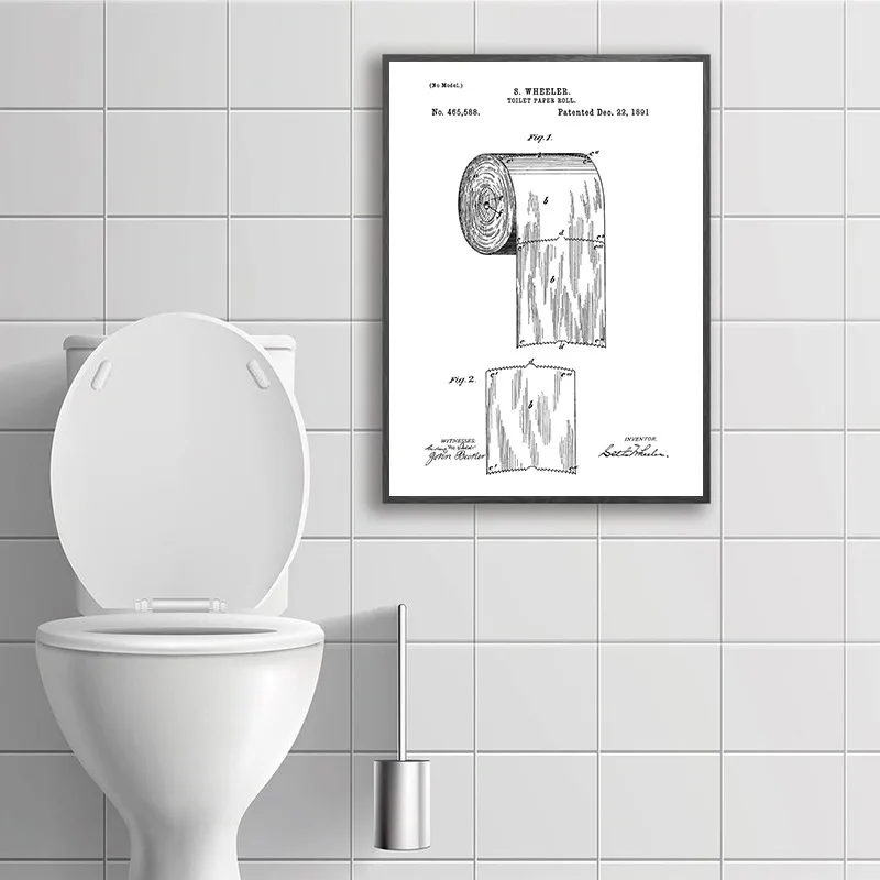 욕실 특허 포스터 인쇄 변기 그릇 종이 롤 칫솔 캔버스 페인팅, 화장실 벽 아트 변기 장식, 청사진 선물