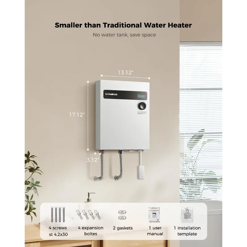 CAMPLUX Electric Tankless Water Heater 27kW 240V, Instant Hot Water Heater, Self-modulating Technology