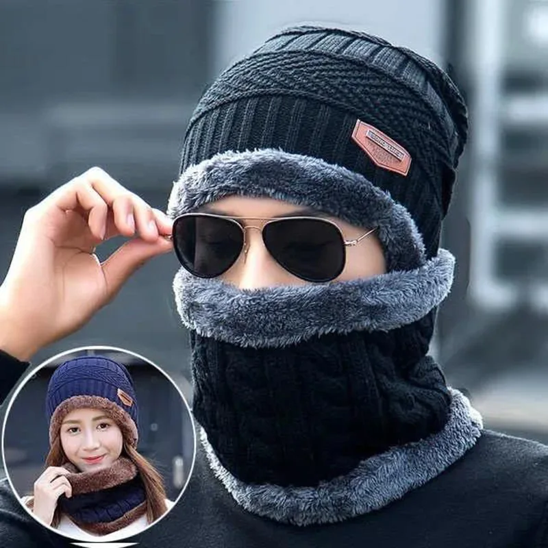 Winter Fleece Scarf Hats Thicken Plush Warm Beanies Wool Knit Caps Men Women Outdoor Cycling Ski Cold Protection Neck Mask Hat