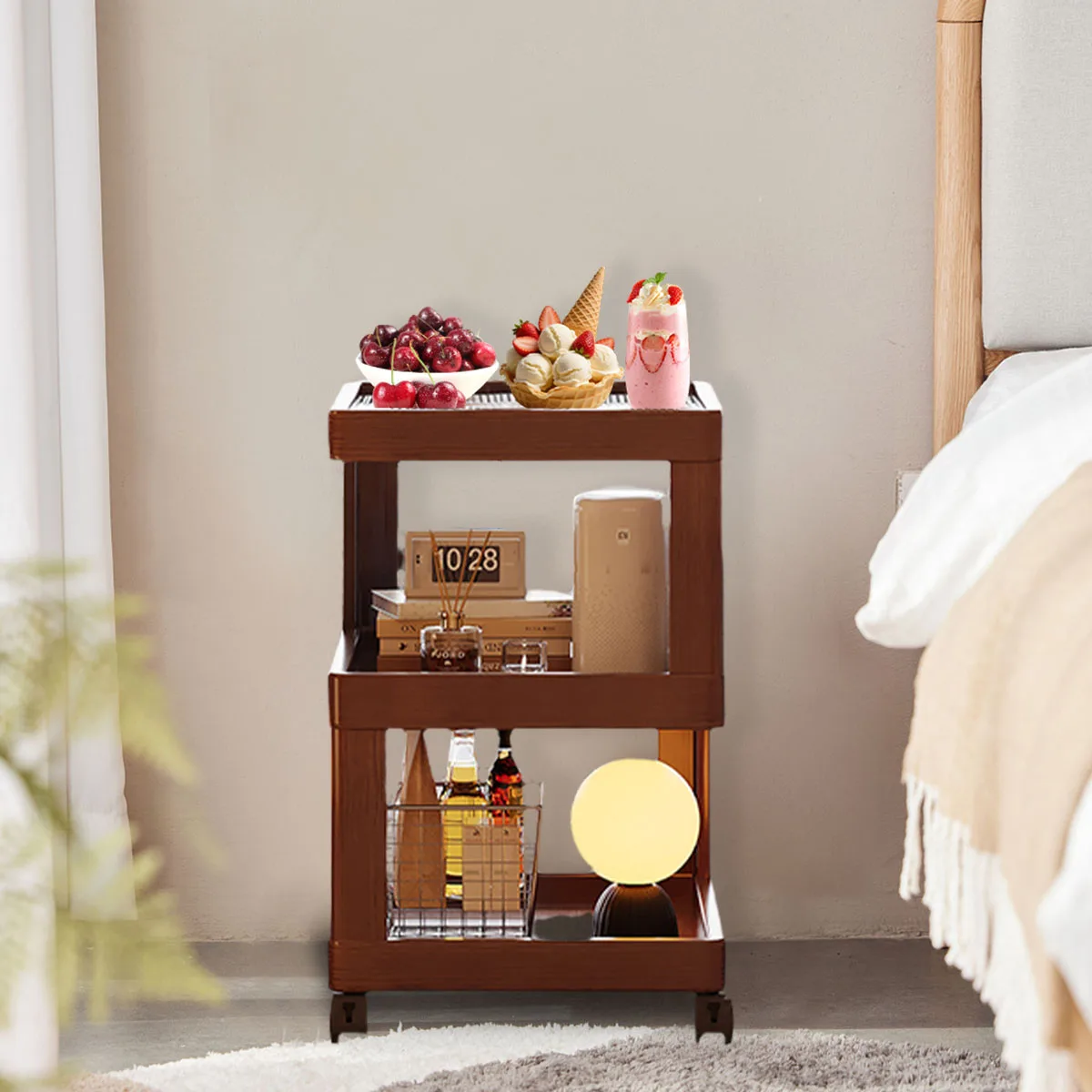 Geometric 3-Tier Bamboo Storage Side Table with Acrylic Surface & Wheels, Tea Brown Living Bedroom Furniture - Image 4