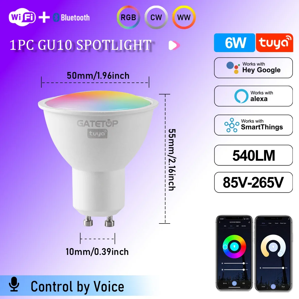 ตัวเลือกสินค้า หลอดไฟ LED สมาร์ท GU10 ควบคุมผ่านแอป ปรับความสว่างได้ 1-100%