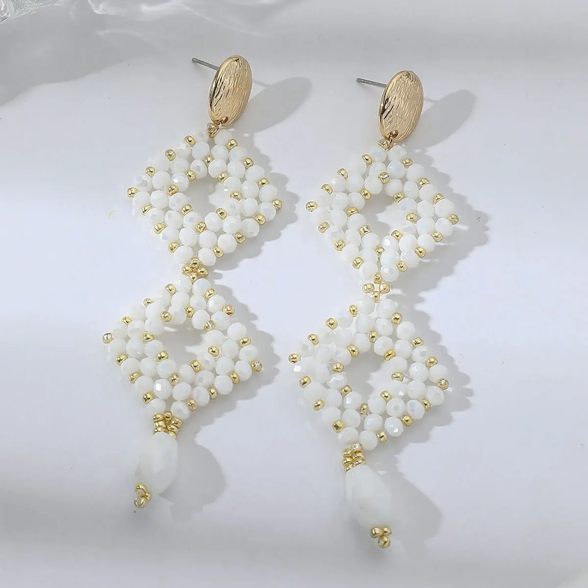 Bohemia Ethnic Layered Square Shaped Crystal Beads Earrings for Women Handmade Elegant Long Hanging Earrings Summer Jewelry Gift